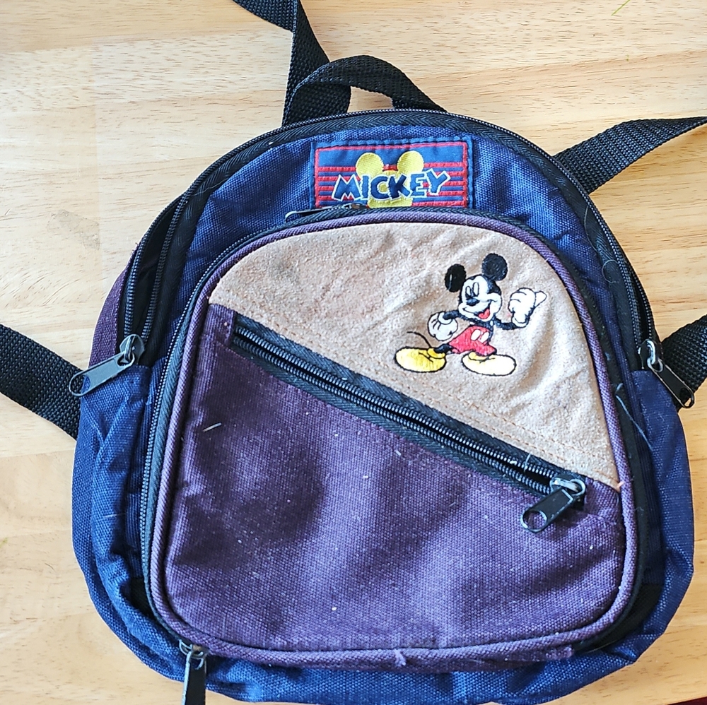Retro Mickey Unlimited Maroon & Blue Suede Front Embroidered Backpack 10"x8"